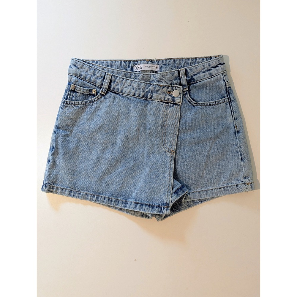 Zara Asymmetrical Crossover Denim Skort Light Wash Blue Size Medium 28